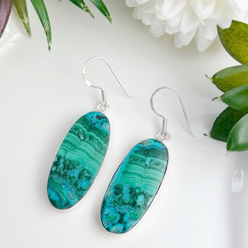 Top Quality Malachite Chrysocolla Pure Sterling Silver 925 Gemstone Earrings - Picture 4 of 9